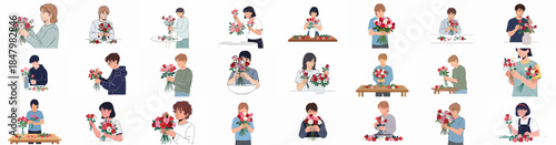 Collection of illustrations showing men and women creating and holding rose bouquets, symbolizing love, celebration, and floristry work.