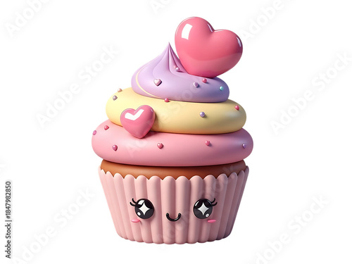 Adorable cartoon cupcake with hearts isolated on transparent background isolated on transparent background