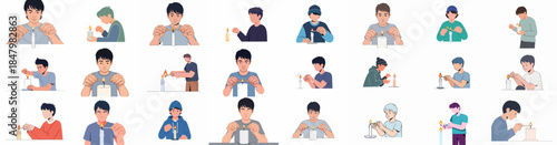 Illustrated set of young men lighting candles with matches, representing comfort, ritual, and emergency preparedness.