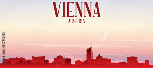 Red panoramic poster of the city skyline with misty background buildings, sunrise, moon and clouds of VIENNA, AUSTRIA