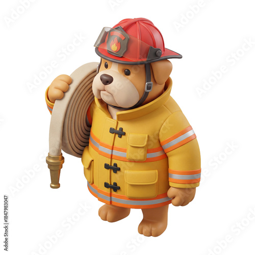 Cute Cartoon Bear Firefighter Holding Hose.
