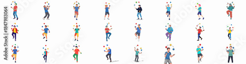 Collection of young male characters juggling colorful balls in dynamic poses, showcasing skill, entertainment, and performance art illustrations.