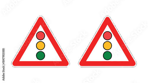 Two identical red triangular road warning signs with white borders and black outlines 