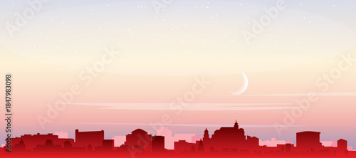 Red panoramic poster of the city skyline with misty background buildings, sunrise, moon and clouds of SALZBURG, AUSTRIA