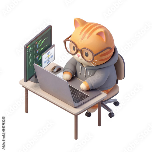 Cute cartoon cat programmer working on laptop with multiple monitors.