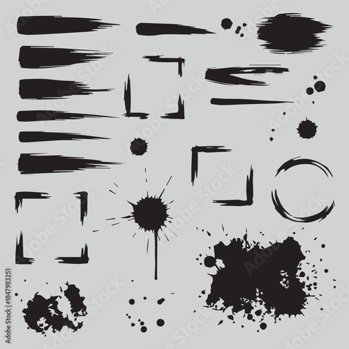 Set of black ink splashes, grunge paint strokes, and watercolor splatters. Abstract vector texture.
