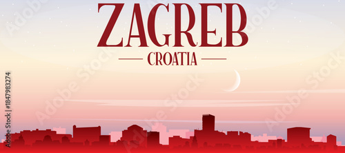 Red panoramic poster of the city skyline with misty background buildings, sunrise, moon and clouds of ZAGREB, CROATIA