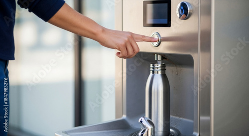 A person filling a reusable bottle at a modern water refill station. Close-up on a hand pressing the button of a public fountain. Sustainable lifestyle and hydration concept