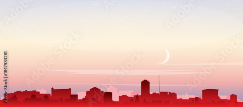 Red panoramic poster of the city skyline with misty background buildings, sunrise, moon and clouds of DUBLIN, IRELAND