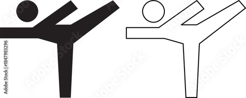 High kick martial arts icons in silhouette and line art styles for karate taekwondo or fitness training concepts vector