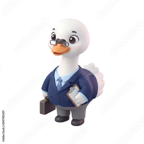 Cute Cartoon Duck in Business Suit with Briefcase and Glasses.