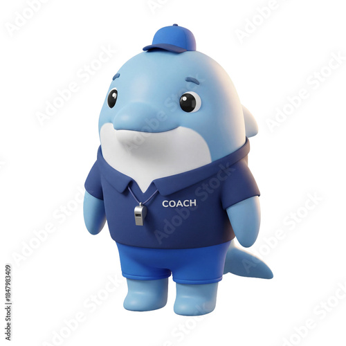 Cute cartoon dolphin character dressed as a coach standing upright.
