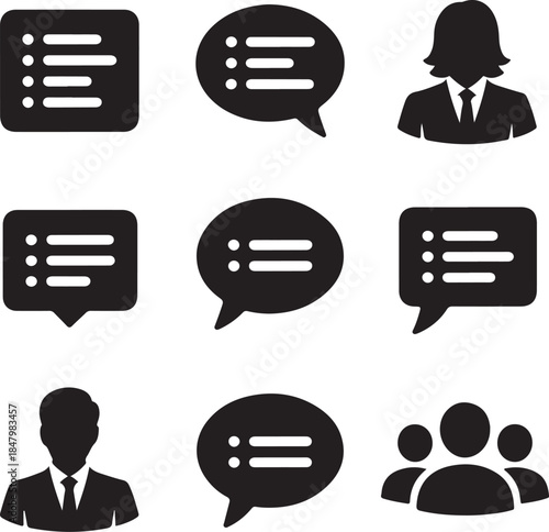 Chat bubbles, user profile, customer feedback, message list, business woman, avatar silhouette, team group, comments dialog, contact symbol, social media