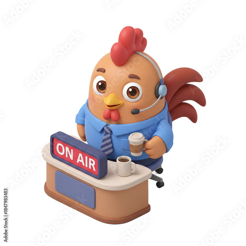 Cute Cartoon Rooster as a Broadcaster with Headset and Coffee at an On Air Desk.