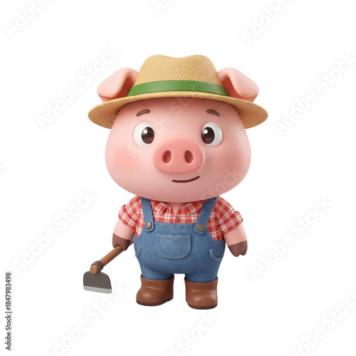Cute Cartoon Pig Farmer Character Wearing Overalls and Hat Holding a Hoe.