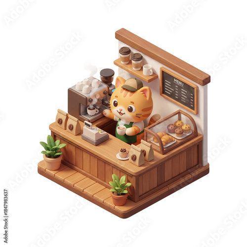 Cute Cat Barista Serving Coffee in a Miniature Cafe Diorama.
