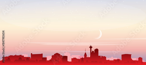 Red panoramic poster of the city skyline with misty background buildings, sunrise, moon and clouds of ISTANBUL, TURKEY