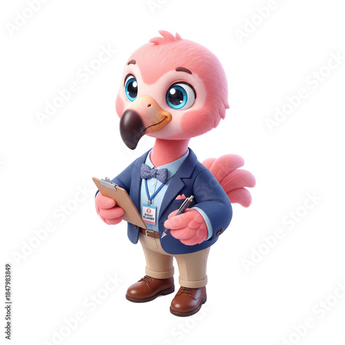 Cute Flamingo Character in Suit Holding Clipboard and Pen Ready for Business or Study.