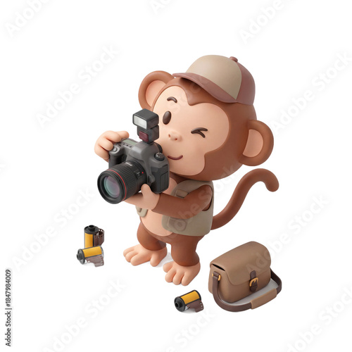 Cute Monkey Photographer with Camera and Accessories.