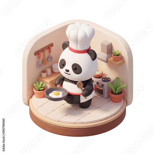 Cute Panda Chef Cooking Egg in Miniature Kitchen Diorama.