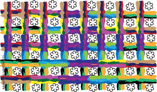 Vibrant abstract art with colorful floral patterns and geometric shapes