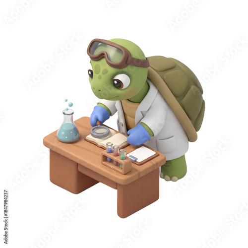 Cute turtle scientist working in laboratory with beaker and microscope.