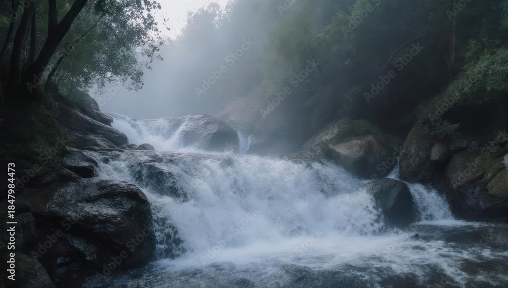 Fototapeta premium Cascading waterfall flowing through rocky terrain with misty atmosphere.