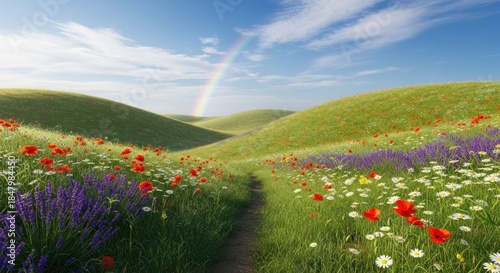 Fototapeta Naklejka Na Ścianę i Meble -  A vibrant meadow with poppies and lavender, a rainbow in the sky, and a path leading through the grassy hills.