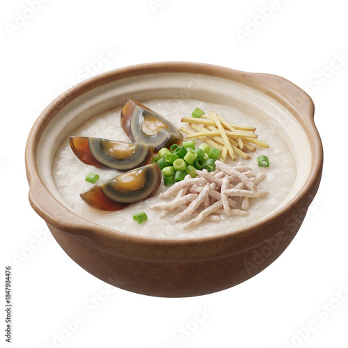 Delicious Congee with Preserved Egg and Shredded Chicken in a Clay Pot.