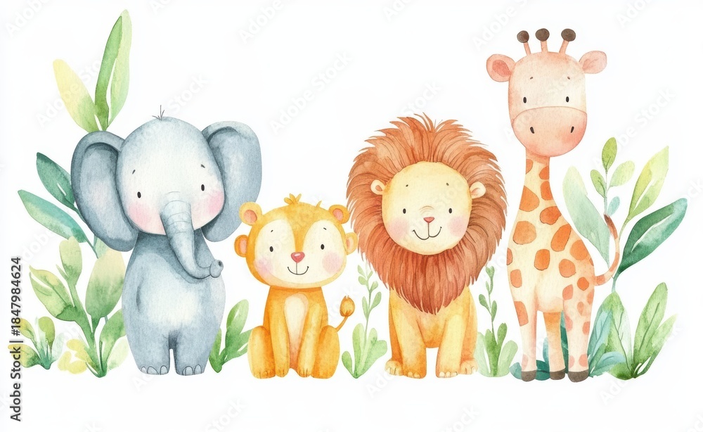 Obraz premium Cute Baby Animal Faces Watercolor Illustration Set