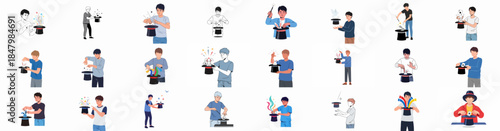 Collection of young male magicians performing various illusion tricks with top hats, rabbits, and playing cards in vector illustrations.
