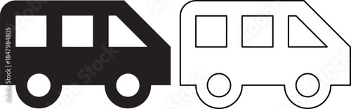 Minimalist set of two van icons in solid black and thin line styles isolated on white background