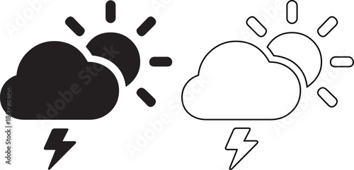 Set of weather icons showing sun behind cloud with lightning bolt in solid and outline style.