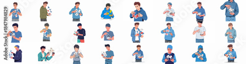 Vector illustration set of young men performing card tricks, shuffling, fanning, and engaging in cardistry and games with playing cards.