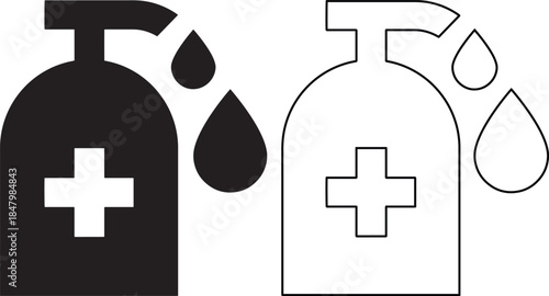 Hand sanitizer bottle icon set with black solid silhouette and thin line outline style for hygiene and medical safety design.