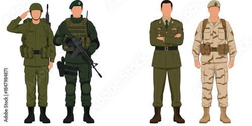 Military Soldiers Vector Illustration Set Showing Different Army Uniforms Combat Gear and Standing Poses for Defense Security and Armed Forces Design