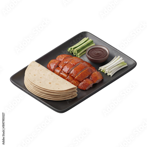 Peking Duck with Pancakes and Condiments on a Black Plate.