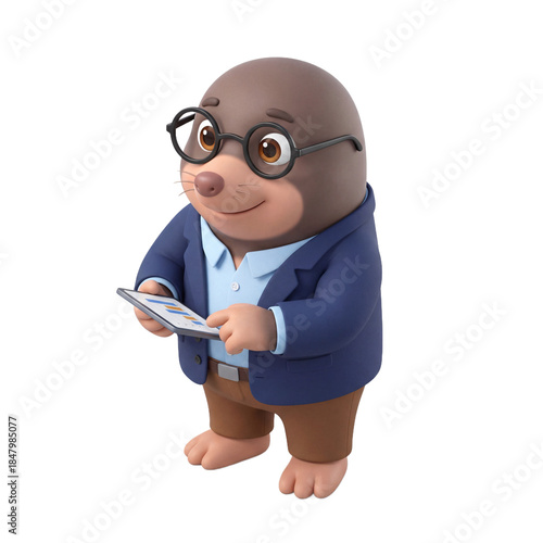 Smart Mole Character with Glasses and Tablet.