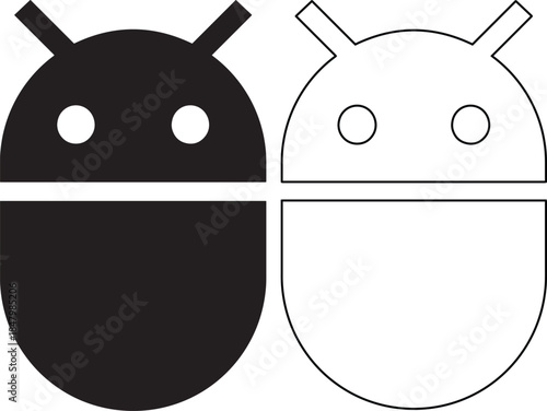Minimalist black and white robot mascot icon set featuring outline and solid humanoid characters for technology and software development