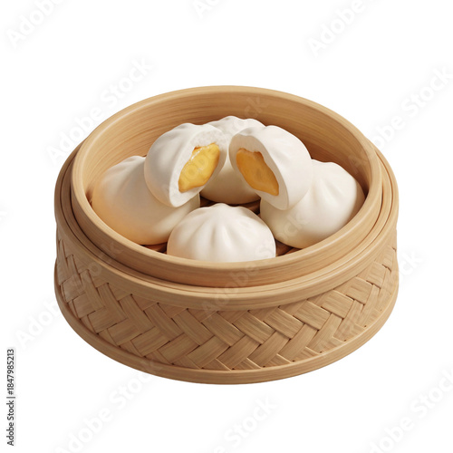 Steamed Custard Buns in Bamboo Steamer on White Background.
