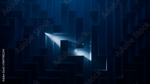 Person exploring dark labyrinth navigating mystery with flashlight beam