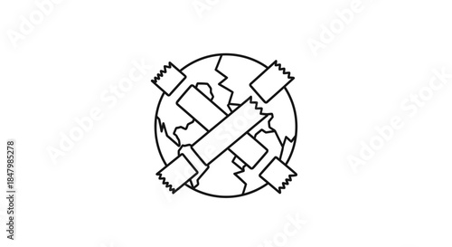 Abstract Representation of a Fragmented Globe with Broken Lines and Geometric Shapes