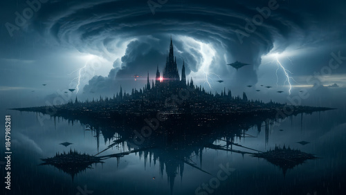 Future city enduring a dark storm with lightning