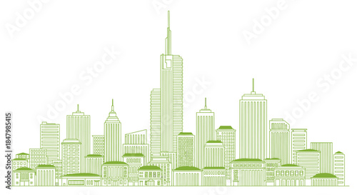 Green Silhouette of a Modern City Skyline Featuring Skyscrapers and Urban Architecture