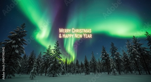 A stunning aurora borealis display over a snowy forest landscape with pine trees and snow-covered ground.