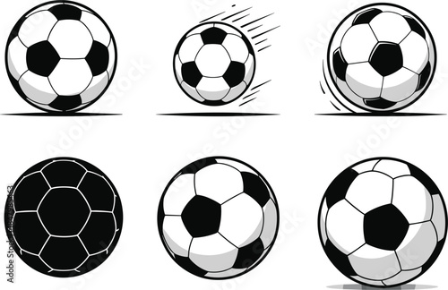 Collection of Six Soccer Ball Illustrations in Black and White, Featuring Motion Lines, Rotation Effects, and Various Lighting Styles for Sports and Football Graphics.