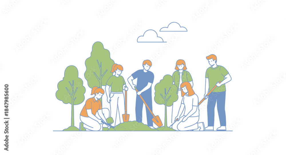 Fototapeta premium Group of Individuals Engaged in Gardening and Planting Activities Surrounded by Trees