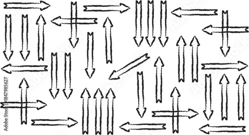 A chaotic arrangement of black arrows on a white background