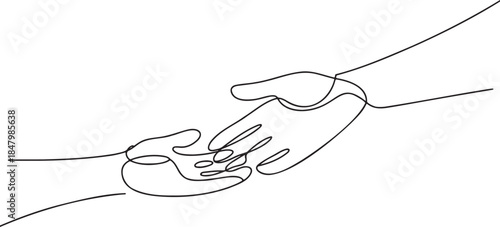 Abstract continuous line drawing showing two hands reaching out to touch or help symbolizing connection support and partnership