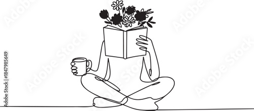 Continuous line art of person sitting cross legged reading book with flowers representing education and positive mental health